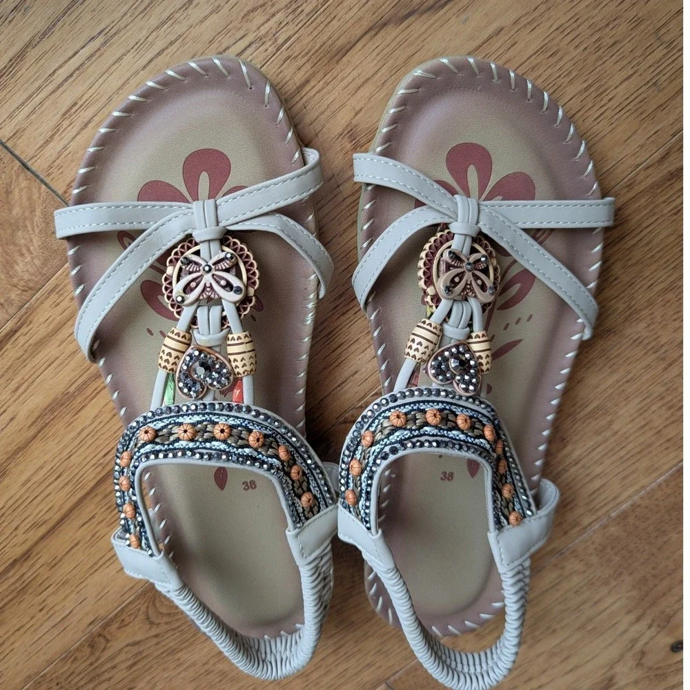 Flat Slingback‎ Sandals Beaded Butterfly 38 Boho Festival Comfort Neutral Tan